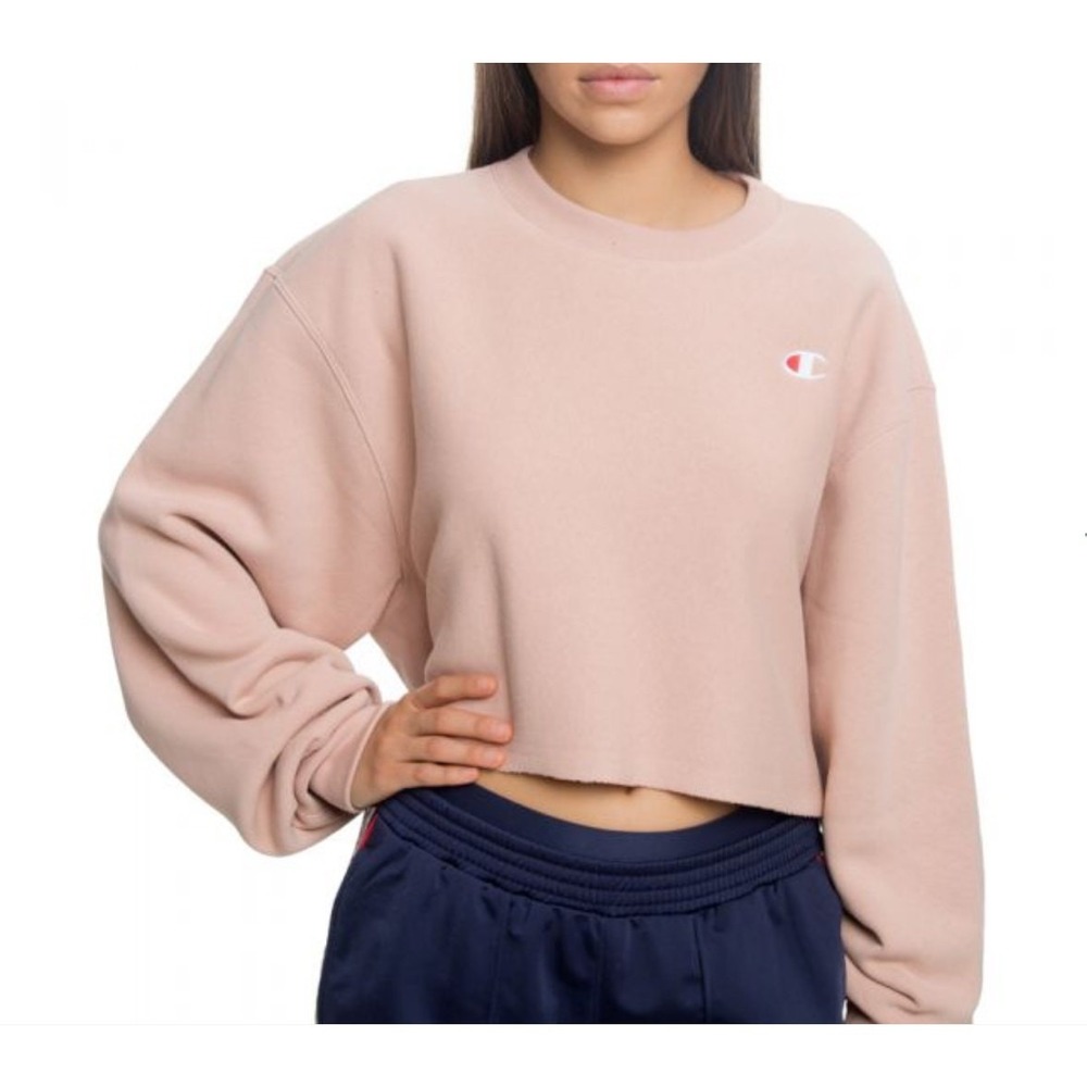Champion Womens XL Reverse Weave Cropped Sweatshirt Pink Raw Hem Logo Pullover